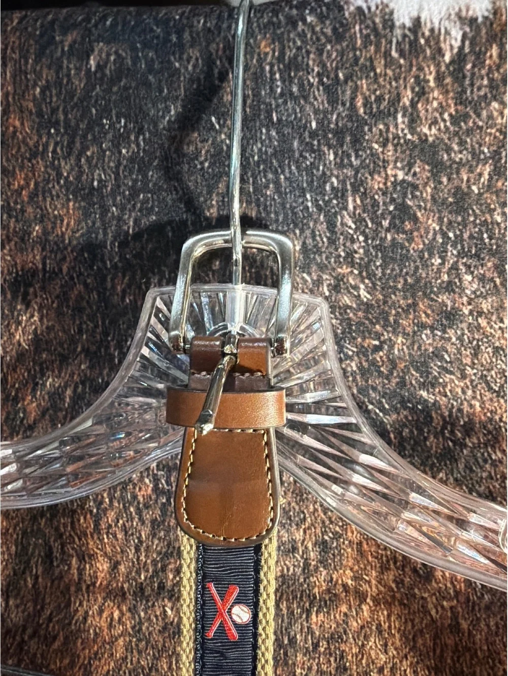 Baseball print Ribbon Large Brown Leather and Fabric Belt 30-32